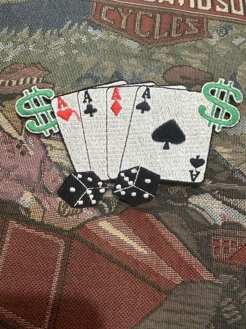 Four Aces Poker Patch Dollar Signs Dice Casino Gambling Embroidered Applique